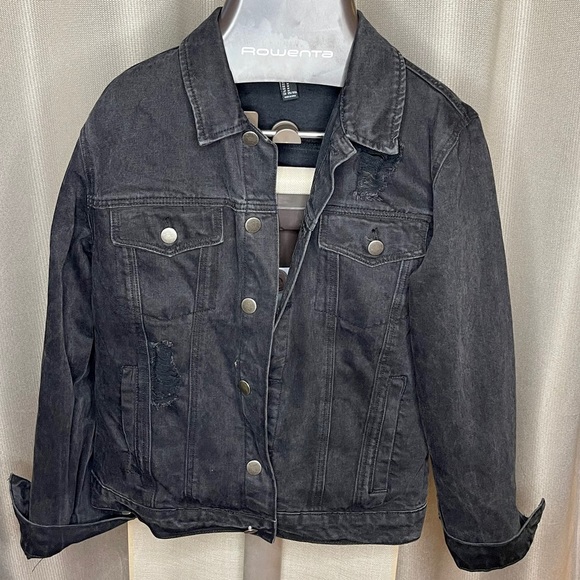 American flag black distressed denim jacket - Picture 2 of 2